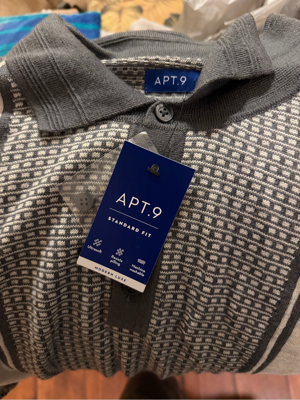 Apt. 9 Gray Patterned Polo with Contrast Collar